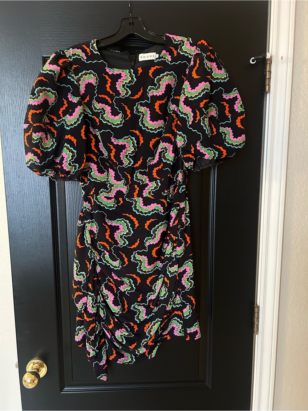 Rhode Pia Black Multicolor Puff-Sleeve Dress
